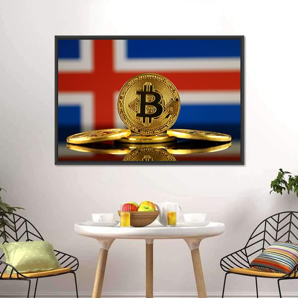 Iceland Flag With Bitcoins Canvas Wall Art-3 Horizontal-Gallery Wrap-25" x 16"-Tiaracle
