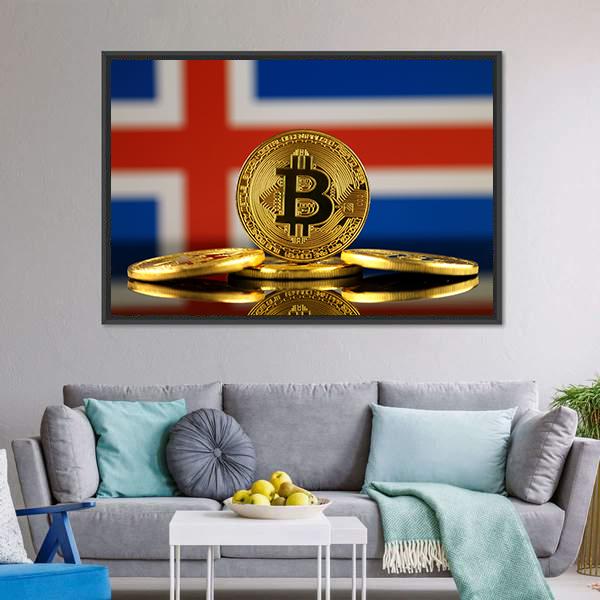 Iceland Flag With Bitcoins Canvas Wall Art-3 Horizontal-Gallery Wrap-25" x 16"-Tiaracle
