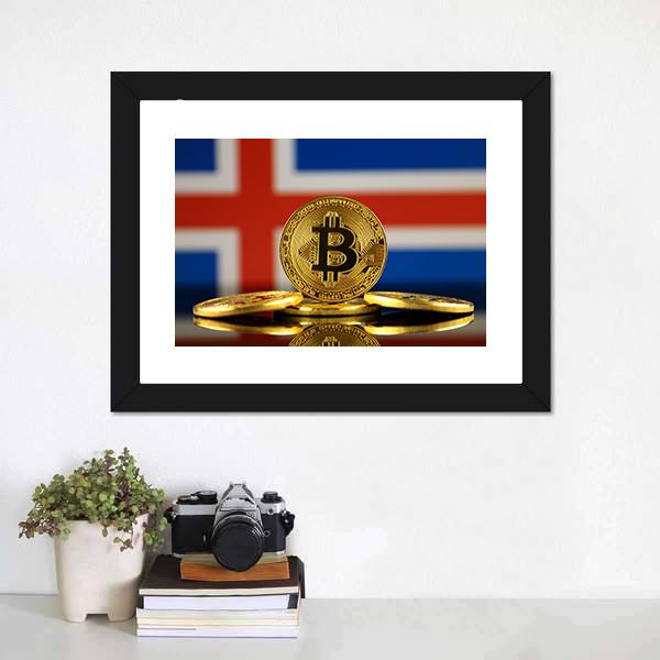 Iceland Flag With Bitcoins Canvas Wall Art-1 Piece-Framed Print-20" x 16"-Tiaracle