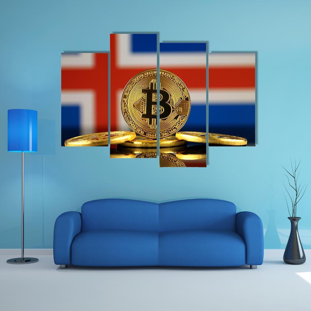 Iceland Flag With Bitcoins Canvas Wall Art-4 Pop-Gallery Wrap-50" x 32"-Tiaracle