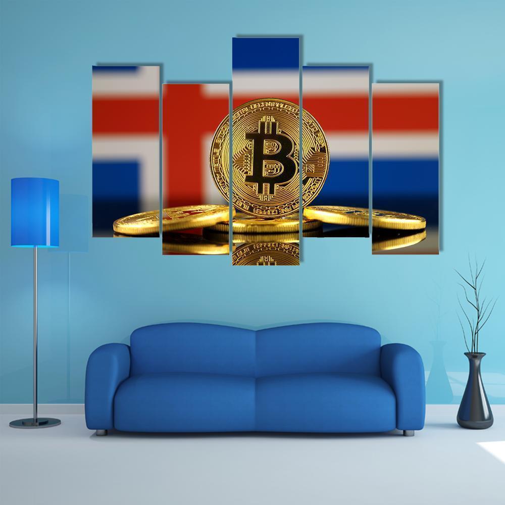 Iceland Flag With Bitcoins Canvas Wall Art-5 Pop-Gallery Wrap-47" x 32"-Tiaracle