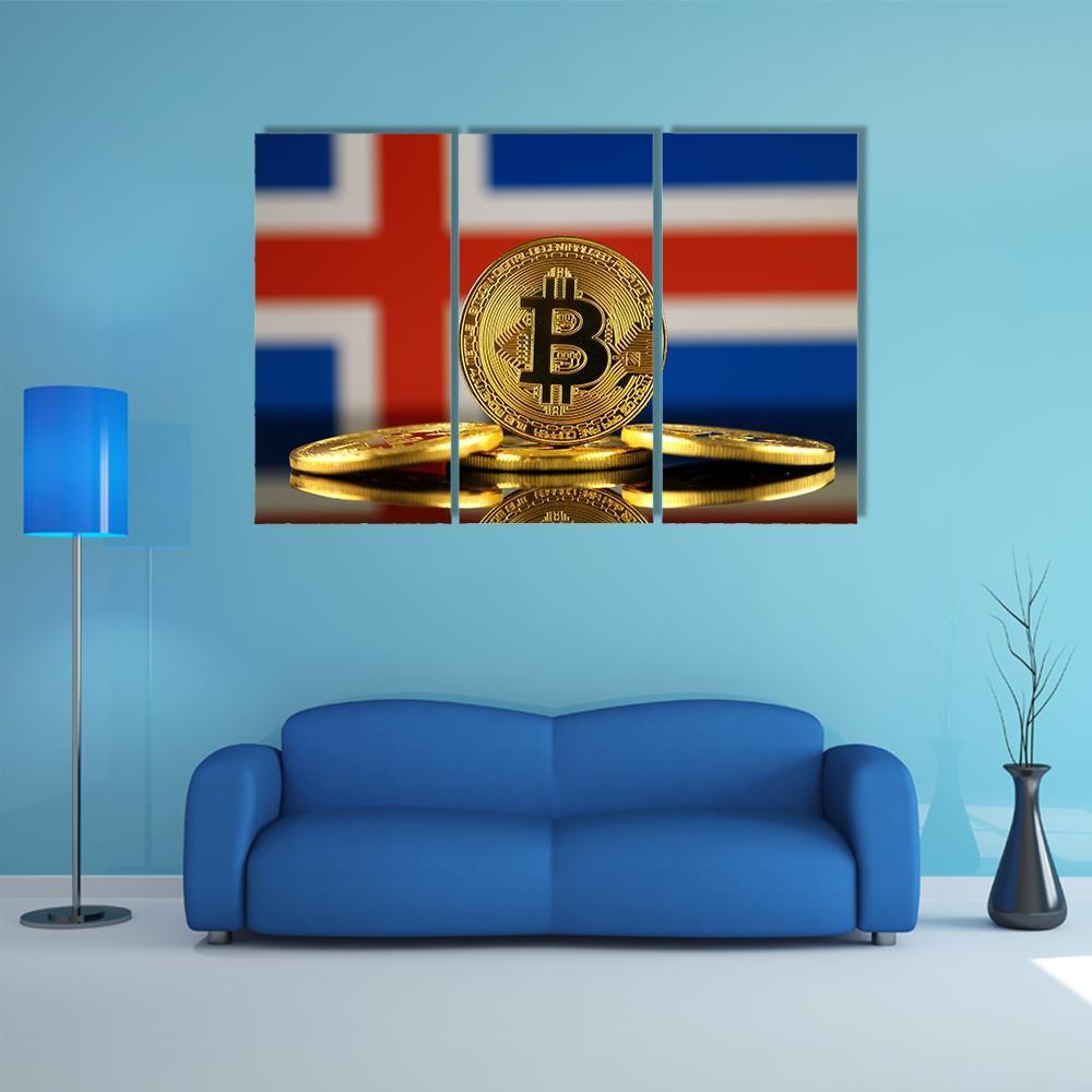 Iceland Flag With Bitcoins Canvas Wall Art-3 Horizontal-Gallery Wrap-25" x 16"-Tiaracle