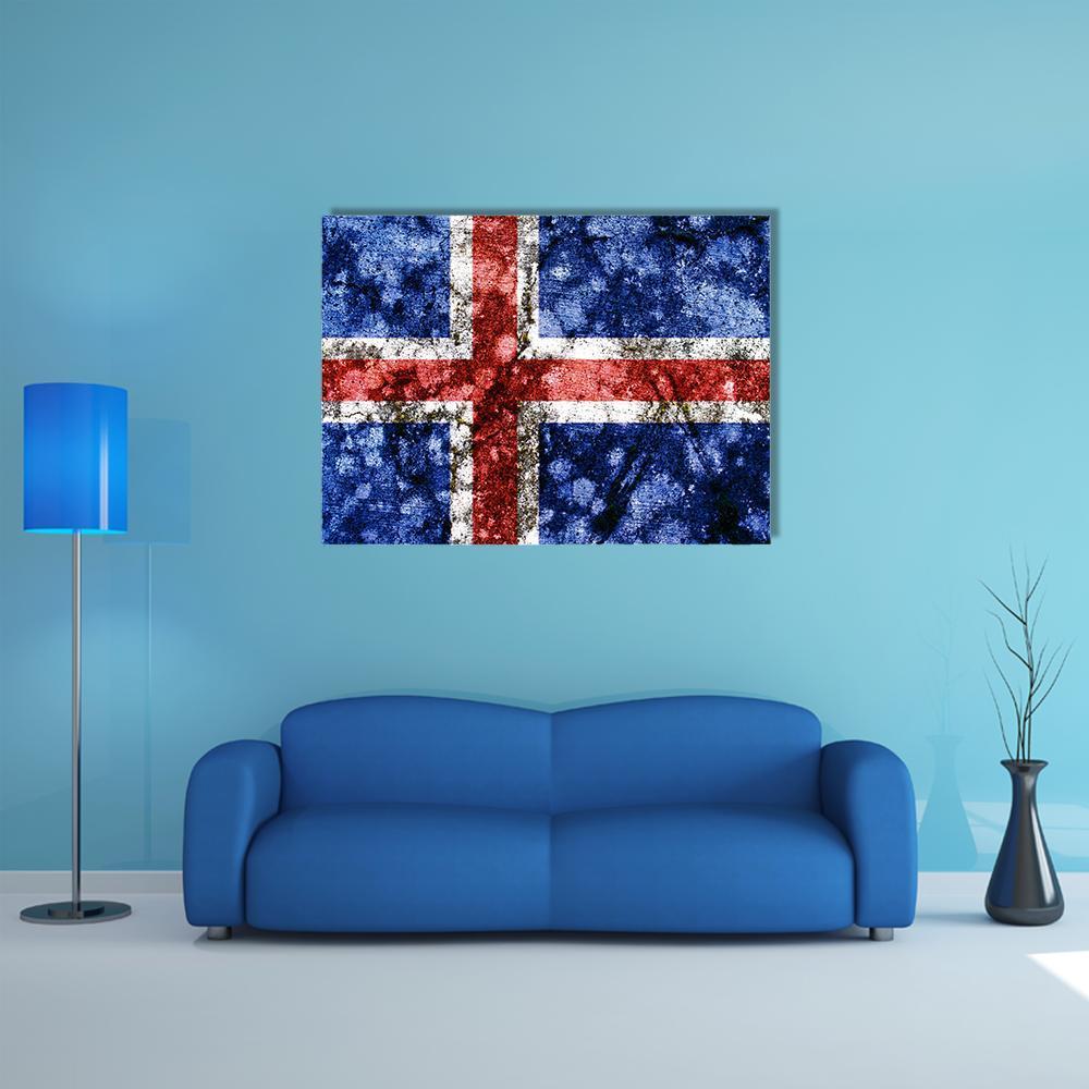 Icelandic Grunge Flag Canvas Wall Art in white, red and blue, single panel hung on a wall
