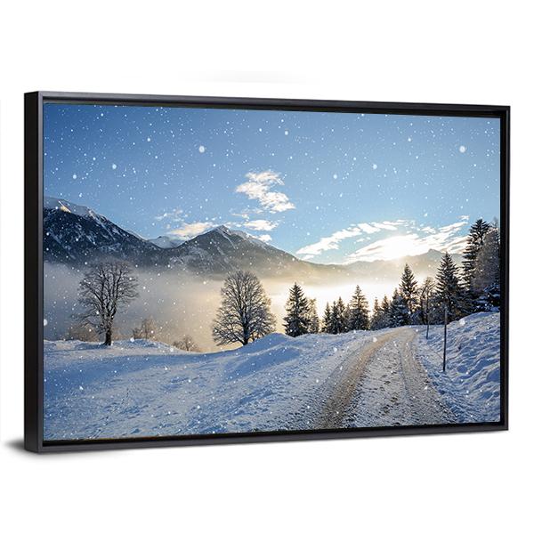 Icy Road With Snowfall Canvas Wall Art-3 Horizontal-Gallery Wrap-25" x 16"-Tiaracle