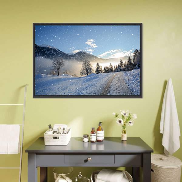 Icy Road With Snowfall Canvas Wall Art-1 Piece-Floating Frame-24" x 16"-Tiaracle