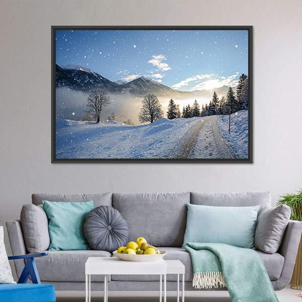 Icy Road With Snowfall Canvas Wall Art-3 Horizontal-Gallery Wrap-25" x 16"-Tiaracle
