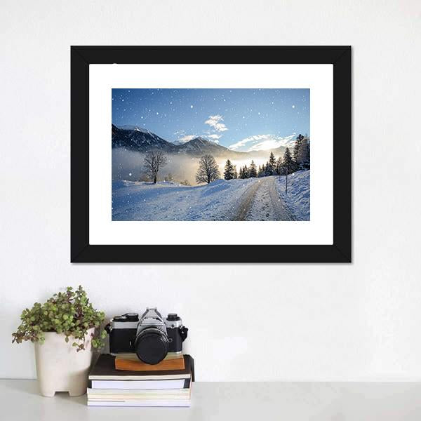 Icy Road With Snowfall Canvas Wall Art-1 Piece-Framed Print-20" x 16"-Tiaracle