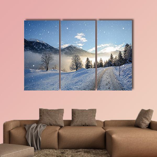 Icy Road With Snowfall Canvas Wall Art-3 Horizontal-Gallery Wrap-25" x 16"-Tiaracle