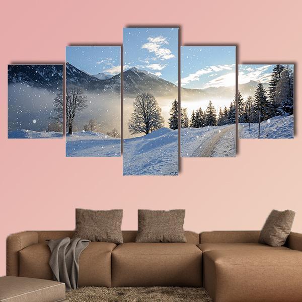 Icy Road With Snowfall Canvas Wall Art-5 Star-Gallery Wrap-62" x 32"-Tiaracle