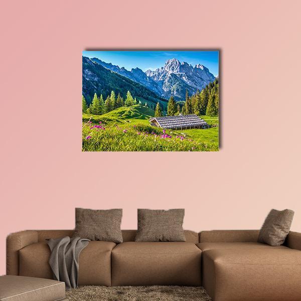 Idyllic Alpine Cabin at Sunset Canvas Wall Art in gray, green and blue, single panel hung on a wall