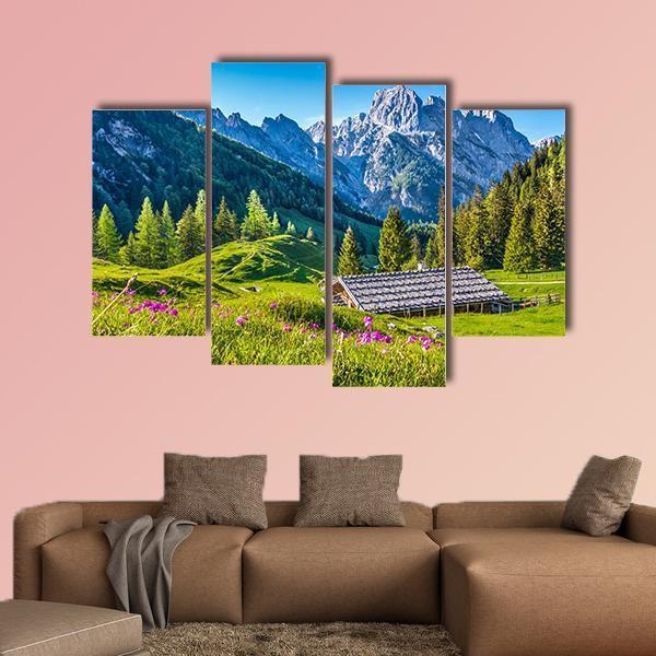 Idyllic Landscape With Alps In Sunset Canvas Wall Art-4 Pop-Gallery Wrap-50&quot; x 32&quot;-Tiaracle