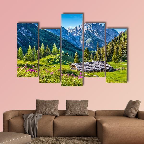Idyllic Landscape With Alps In Sunset Canvas Wall Art-5 Pop-Gallery Wrap-47&quot; x 32&quot;-Tiaracle