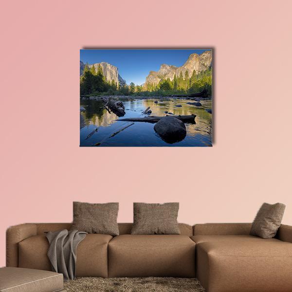 Idyllic Merced River Canvas Wall Art in brown, green and blue, single panel hung on a wall