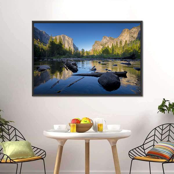 Idyllic Merced River Canvas Wall Art in brown, green and blue, framed canvas, product view on a white background