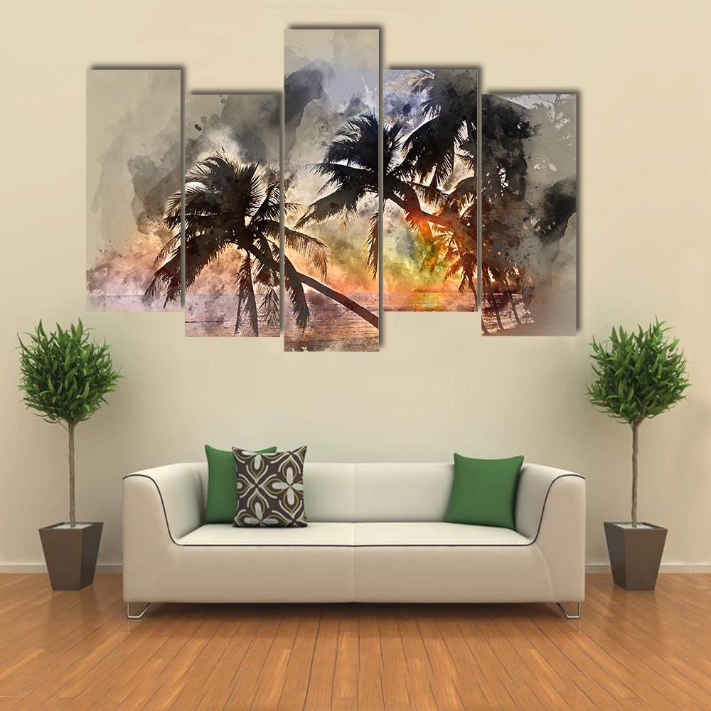 Idyllic Scene Of Palm Trees Canvas Wall Art-5 Pop-Gallery Wrap-47" x 32"-Tiaracle