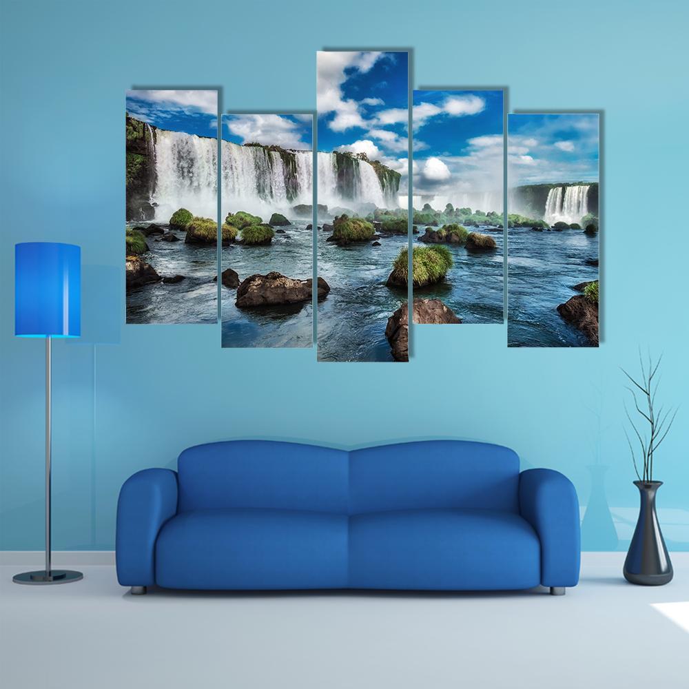 Iguacu Falls In Brazil Canvas Wall Art-5 Pop-Gallery Wrap-47" x 32"-Tiaracle