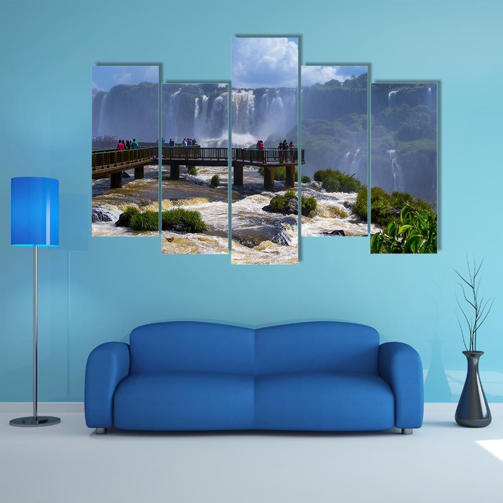 Iguassu Falls In Brazil Canvas Wall Art-5 Pop-Gallery Wrap-47" x 32"-Tiaracle