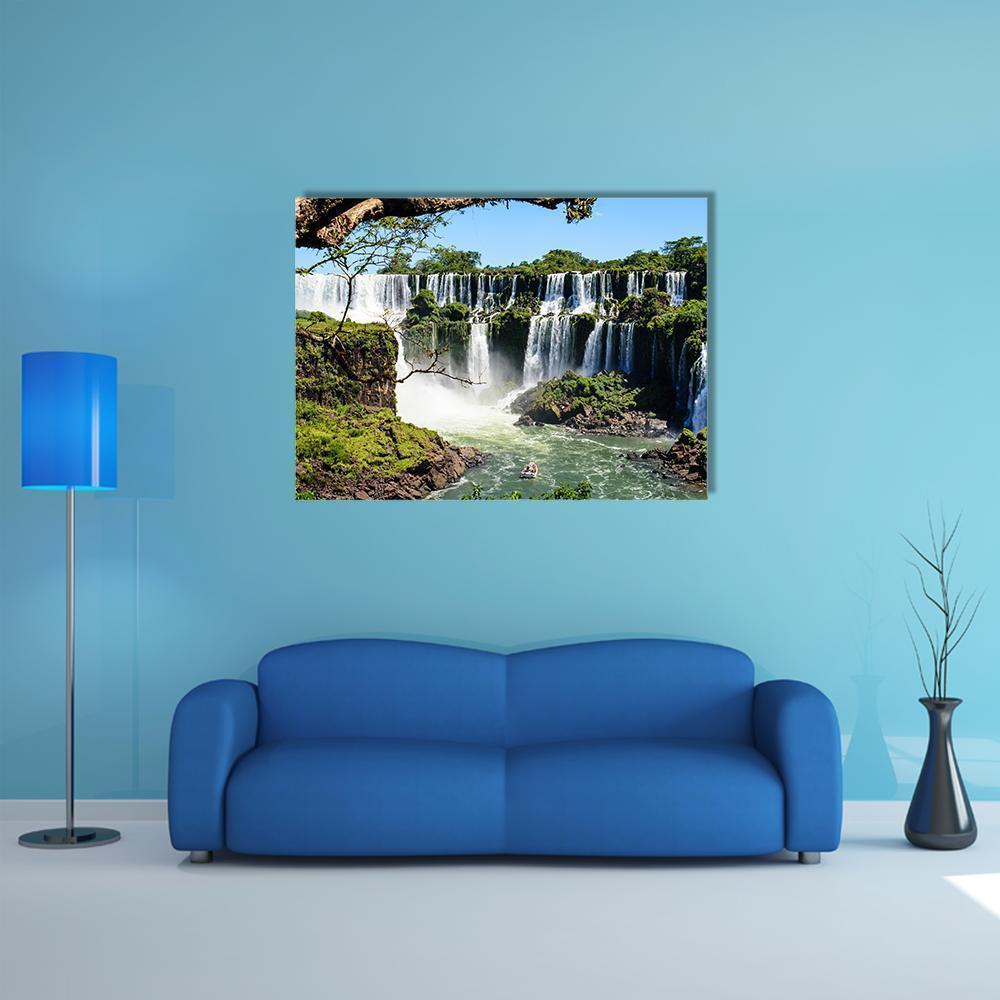 Iguazu Falls, Argentina Canvas Wall Art in white, green and blue, single panel hung on a wall