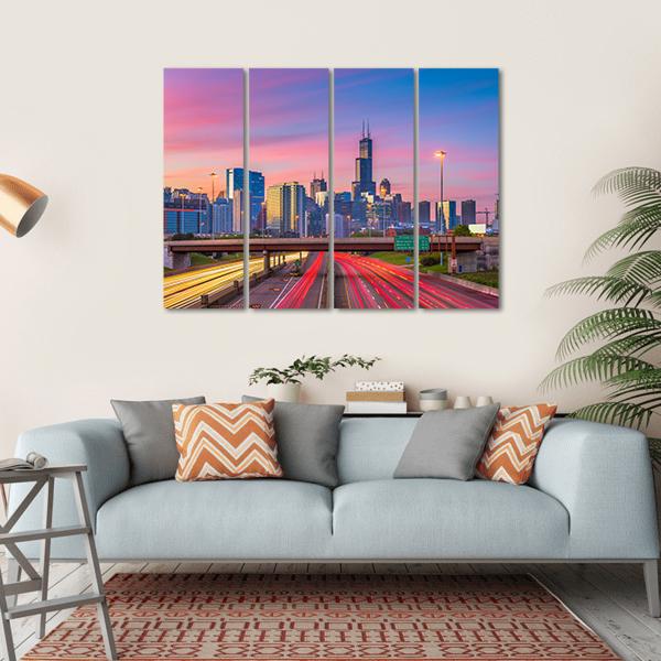 Illinois Downtown Skyline Canvas Wall Art-4 Horizontal-Gallery Wrap-34" x 24"-Tiaracle