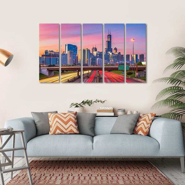 Illinois Downtown Skyline Canvas Wall Art-5 Horizontal-Gallery Wrap-22" x 12"-Tiaracle