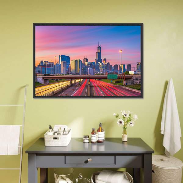 Illinois Downtown Skyline Canvas Wall Art-1 Piece-Floating Frame-24" x 16"-Tiaracle