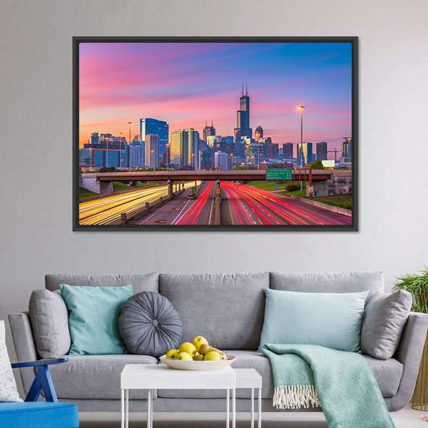 Illinois Downtown Skyline Canvas Wall Art-3 Horizontal-Gallery Wrap-25" x 16"-Tiaracle