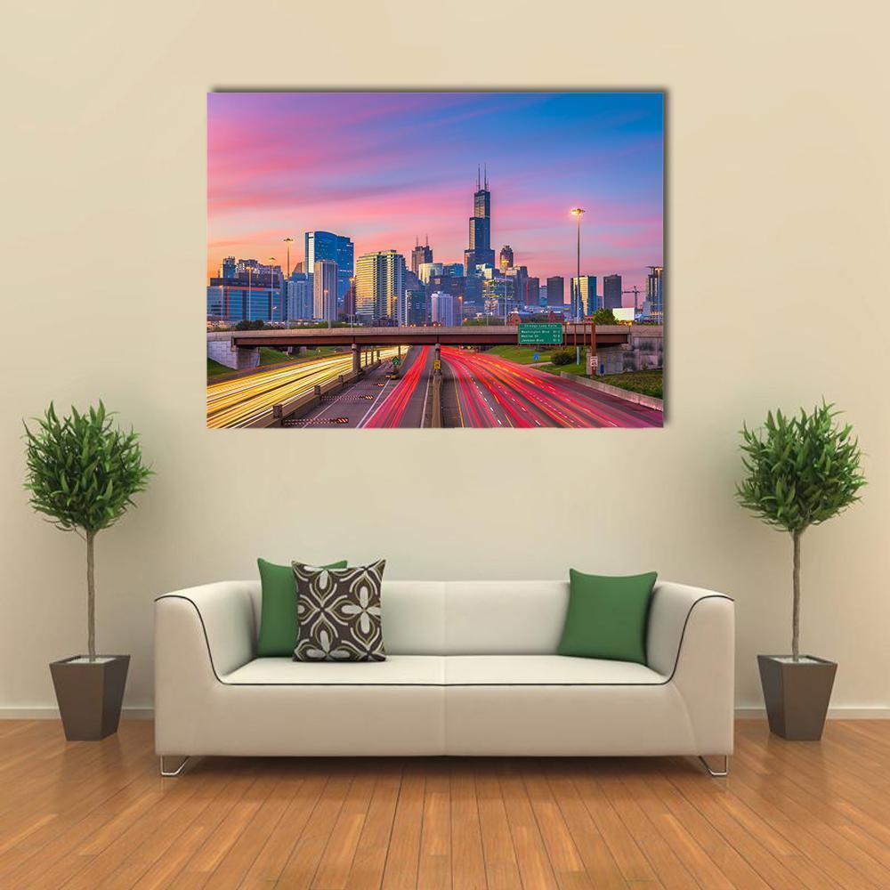 Illinois Downtown Skyline Canvas Wall Art in blue, purple and pink, single panel hung on a wall