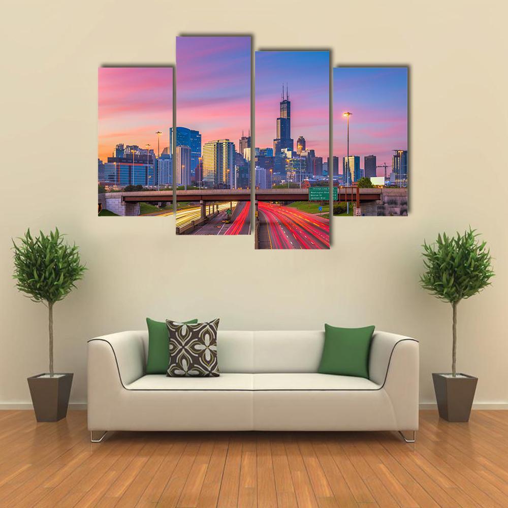 Illinois Downtown Skyline Canvas Wall Art-4 Pop-Gallery Wrap-50" x 32"-Tiaracle