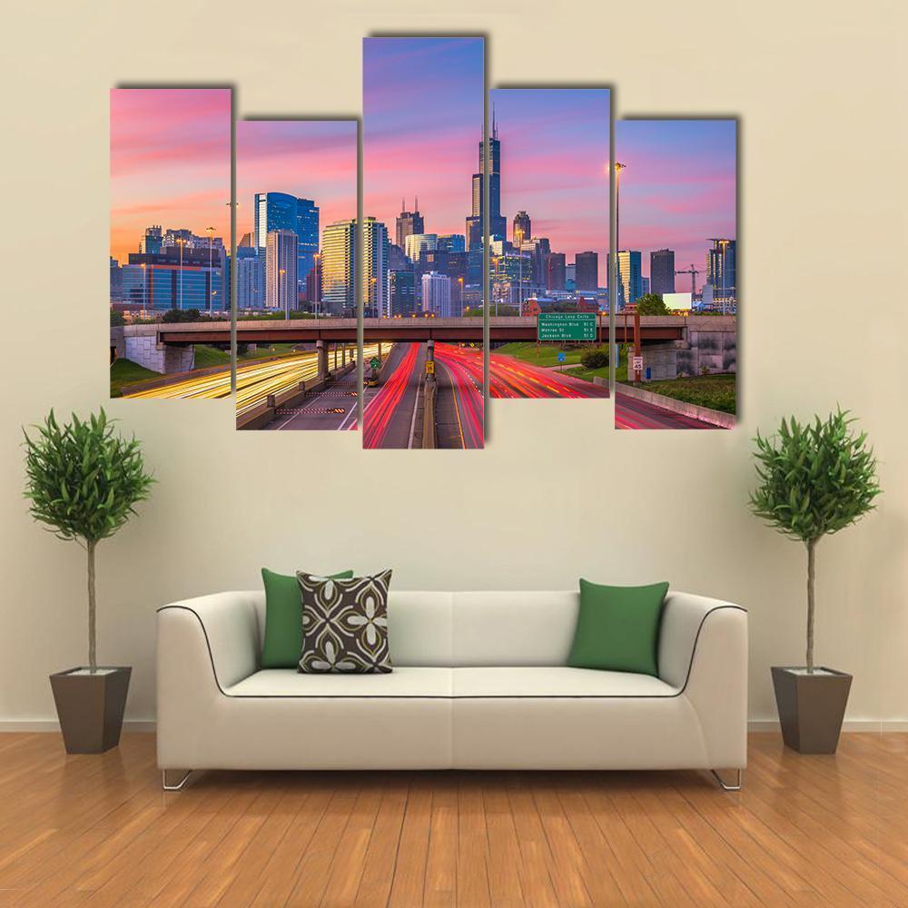 Illinois Downtown Skyline Canvas Wall Art-5 Pop-Gallery Wrap-47" x 32"-Tiaracle