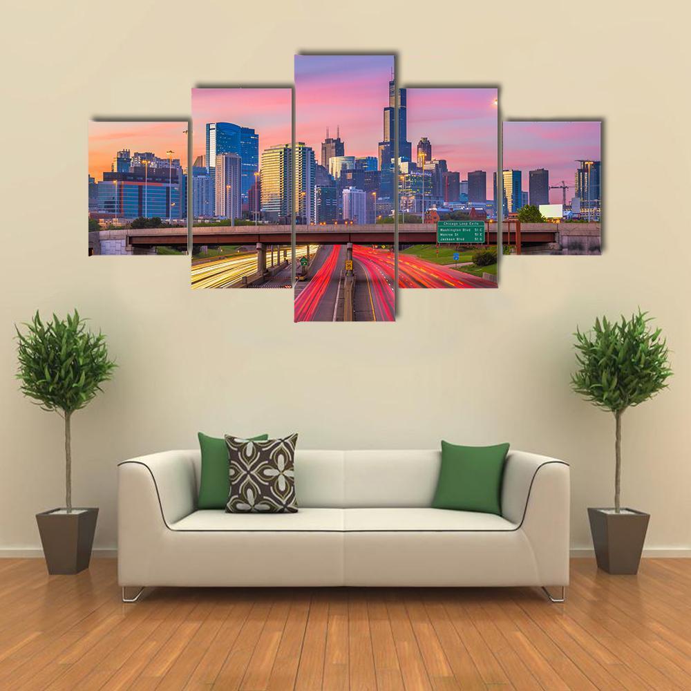 Illinois Downtown Skyline Canvas Wall Art-5 Star-Gallery Wrap-62" x 32"-Tiaracle
