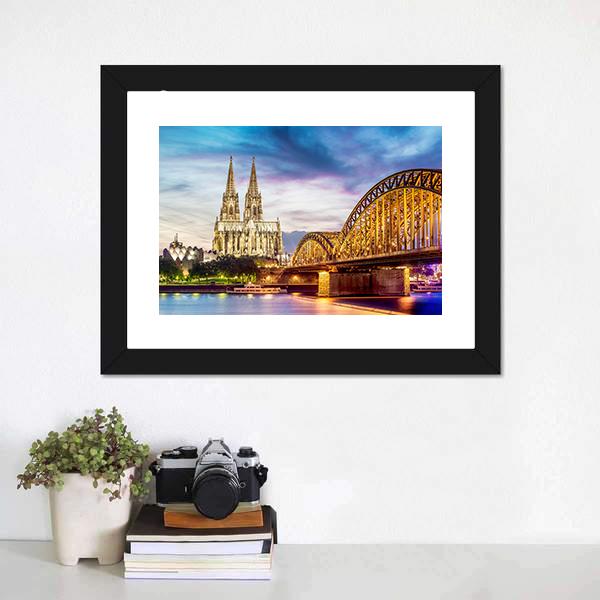 Illuminated Dom In Cologne Canvas Wall Art-1 Piece-Framed Print-30" x 20"-Tiaracle