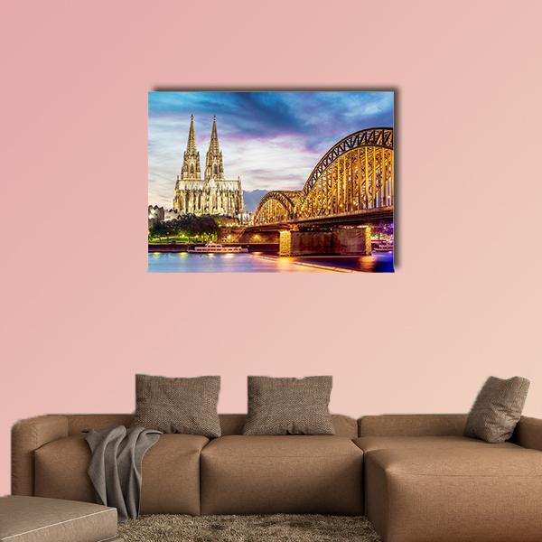 Illuminated Dom In Cologne Canvas Wall Art-4 Horizontal-Gallery Wrap-34" x 24"-Tiaracle