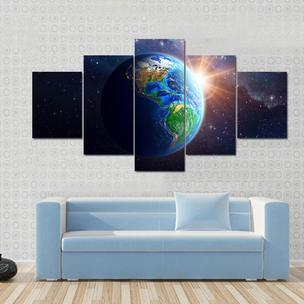 Illuminated Face Of Earth Canvas Wall Art-5 Star-Gallery Wrap-62" x 32"-Tiaracle