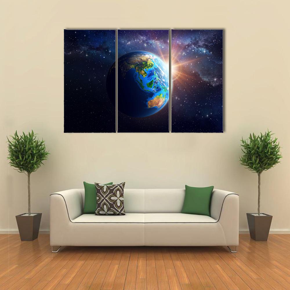 Illuminated Face Of The Earth In Space Canvas Wall Art-3 Horizontal-Gallery Wrap-25" x 16"-Tiaracle
