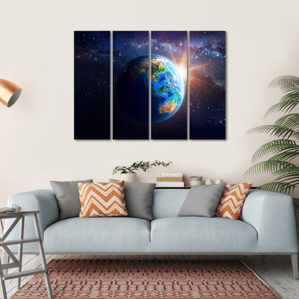 Illuminated Face Of The Earth In Space Canvas Wall Art-4 Horizontal-Gallery Wrap-34" x 24"-Tiaracle