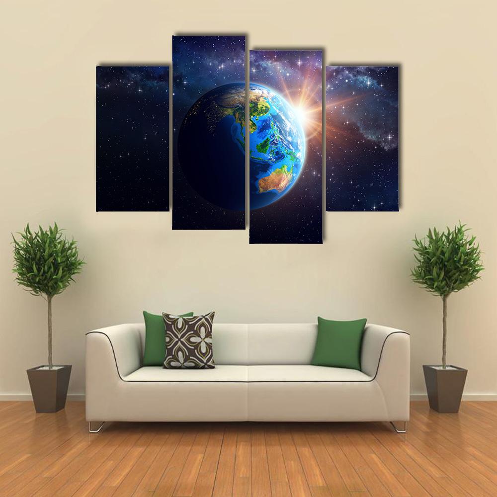 Illuminated Face Of The Earth In Space Canvas Wall Art-4 Pop-Gallery Wrap-34" x 20"-Tiaracle