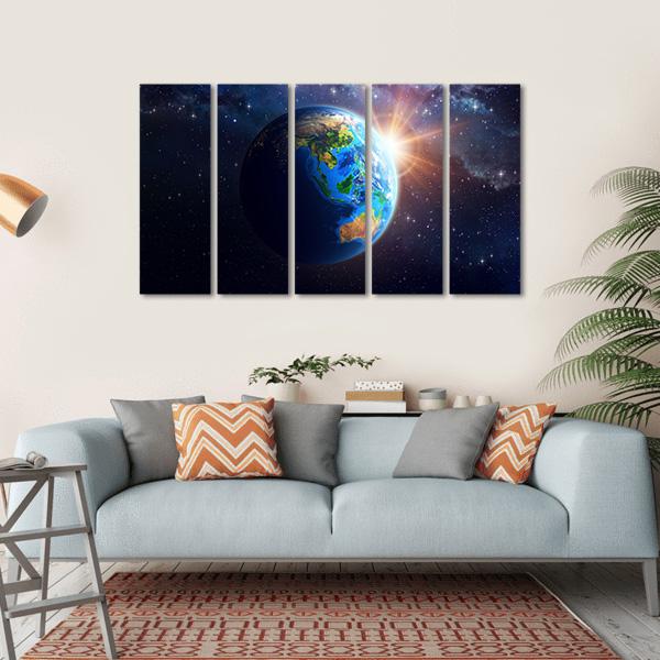 Illuminated Face Of The Earth In Space Canvas Wall Art-5 Horizontal-Gallery Wrap-22" x 12"-Tiaracle