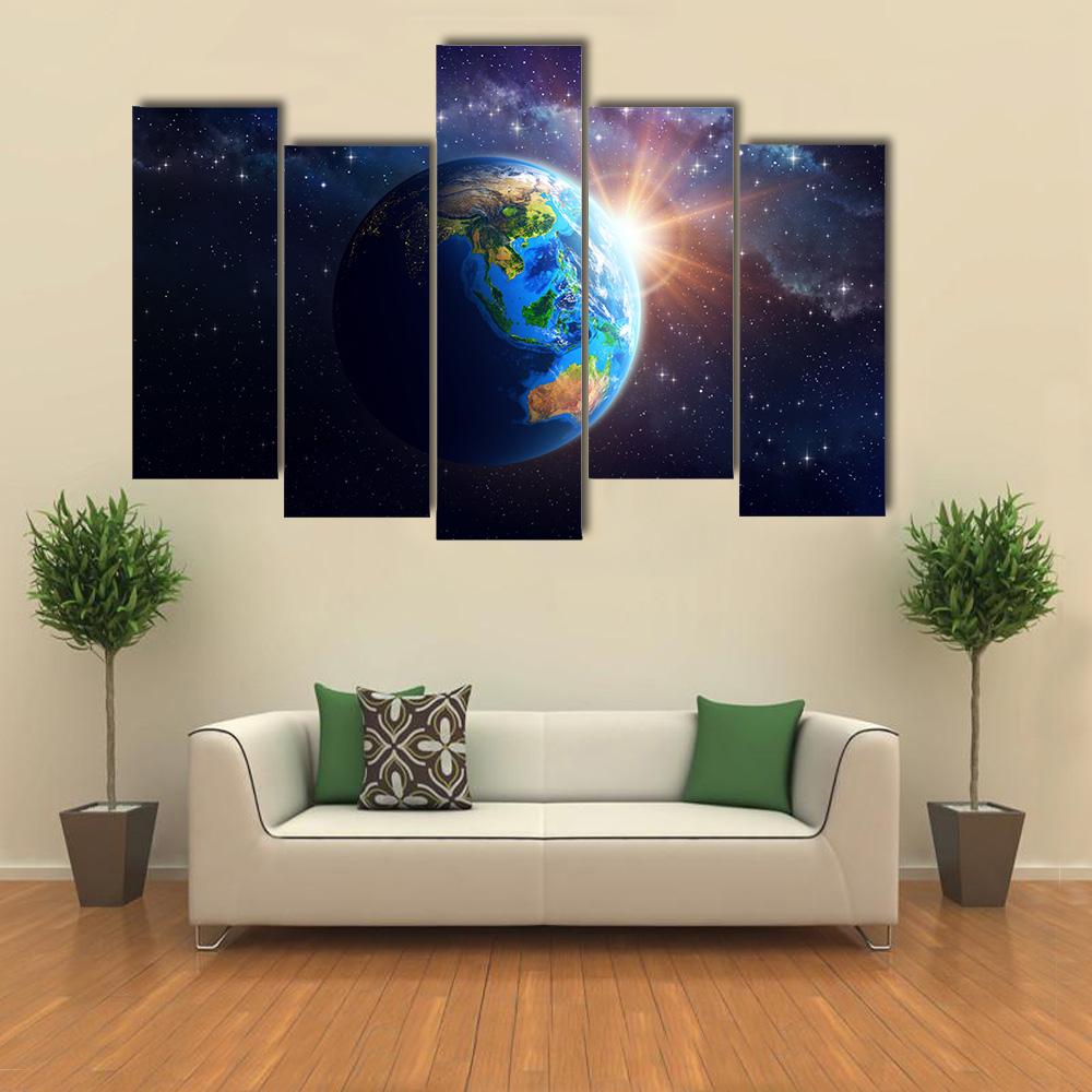 Illuminated Face Of The Earth In Space Canvas Wall Art-5 Pop-Gallery Wrap-32" x 21"-Tiaracle