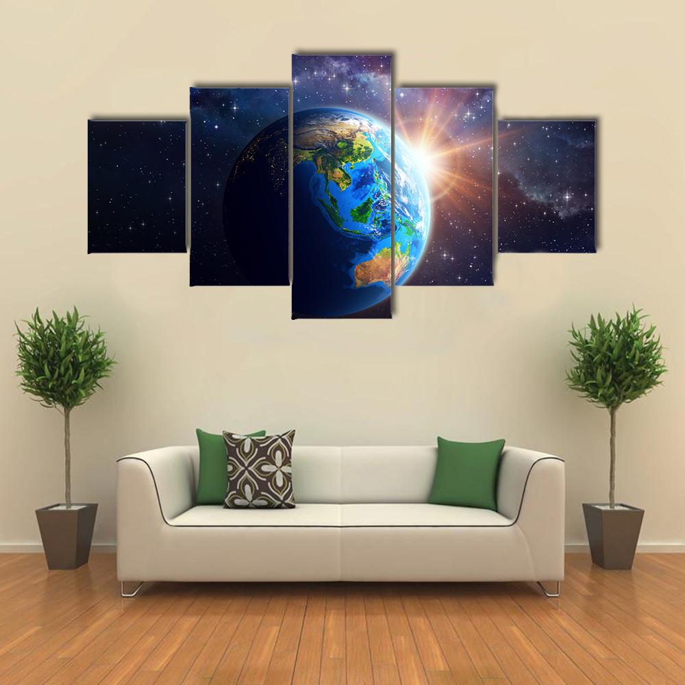 Illuminated Face Of The Earth In Space Canvas Wall Art-5 Star-Gallery Wrap-42" x 21"-Tiaracle