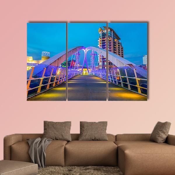 Illuminated Footbridge In Salford Canvas Wall Art-3 Horizontal-Gallery Wrap-37" x 24"-Tiaracle