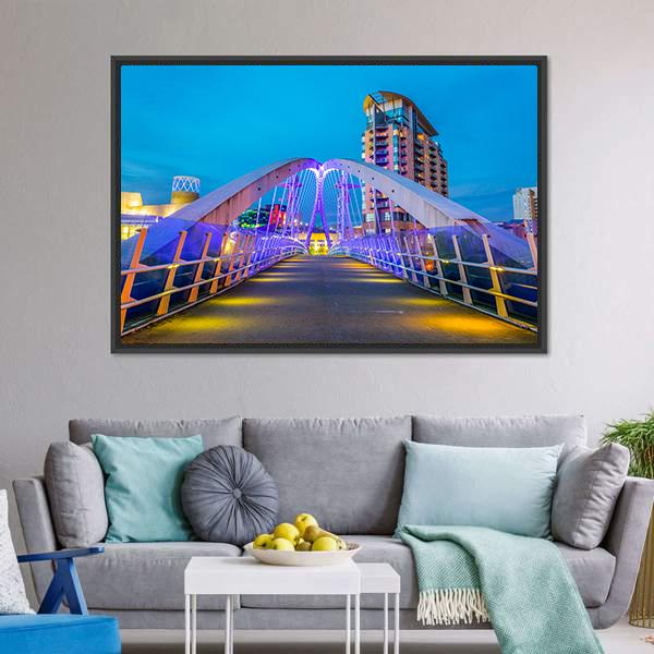 Illuminated Footbridge In Salford Canvas Wall Art-3 Horizontal-Gallery Wrap-25" x 16"-Tiaracle
