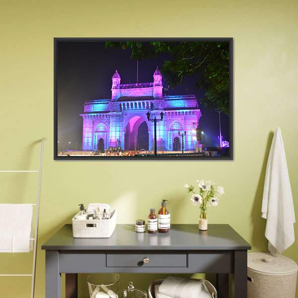 Illuminated Gateway Of India Canvas Wall Art-1 Piece-Floating Frame-24" x 16"-Tiaracle