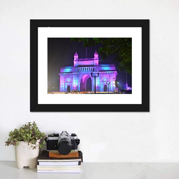 Illuminated Gateway Of India Canvas Wall Art-1 Piece-Framed Print-20" x 16"-Tiaracle