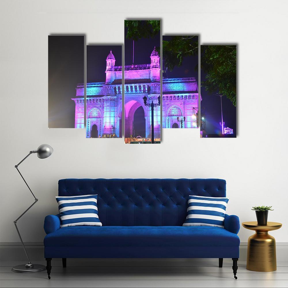 Illuminated Gateway Of India Canvas Wall Art-5 Pop-Gallery Wrap-47" x 32"-Tiaracle