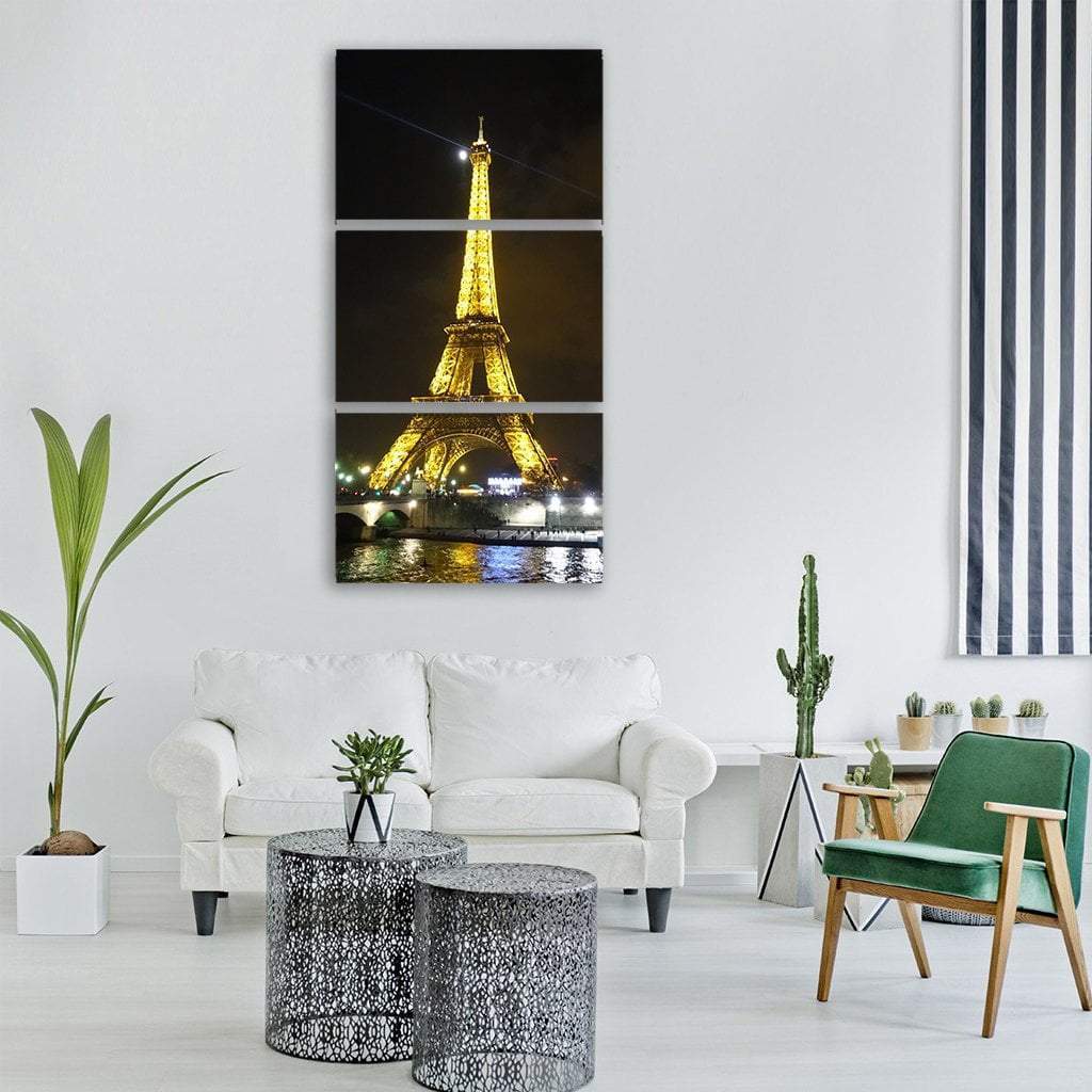 Illuminated Moon On Eiffel Tower Vertical Canvas Wall Art-3 Vertical-Gallery Wrap-12" x 25"-Tiaracle