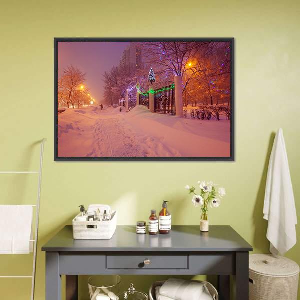Illuminated Night In Winter Canvas Wall Art-1 Piece-Floating Frame-24" x 16"-Tiaracle