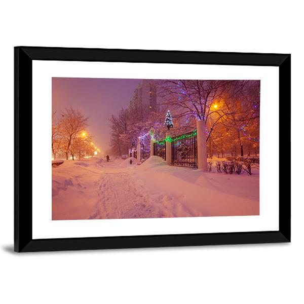 Illuminated Night In Winter Canvas Wall Art-3 Horizontal-Gallery Wrap-25" x 16"-Tiaracle