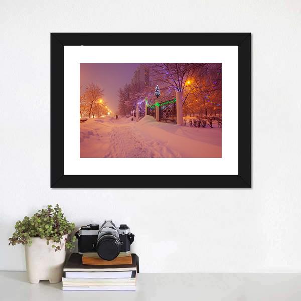 Illuminated Night In Winter Canvas Wall Art-1 Piece-Framed Print-20" x 16"-Tiaracle