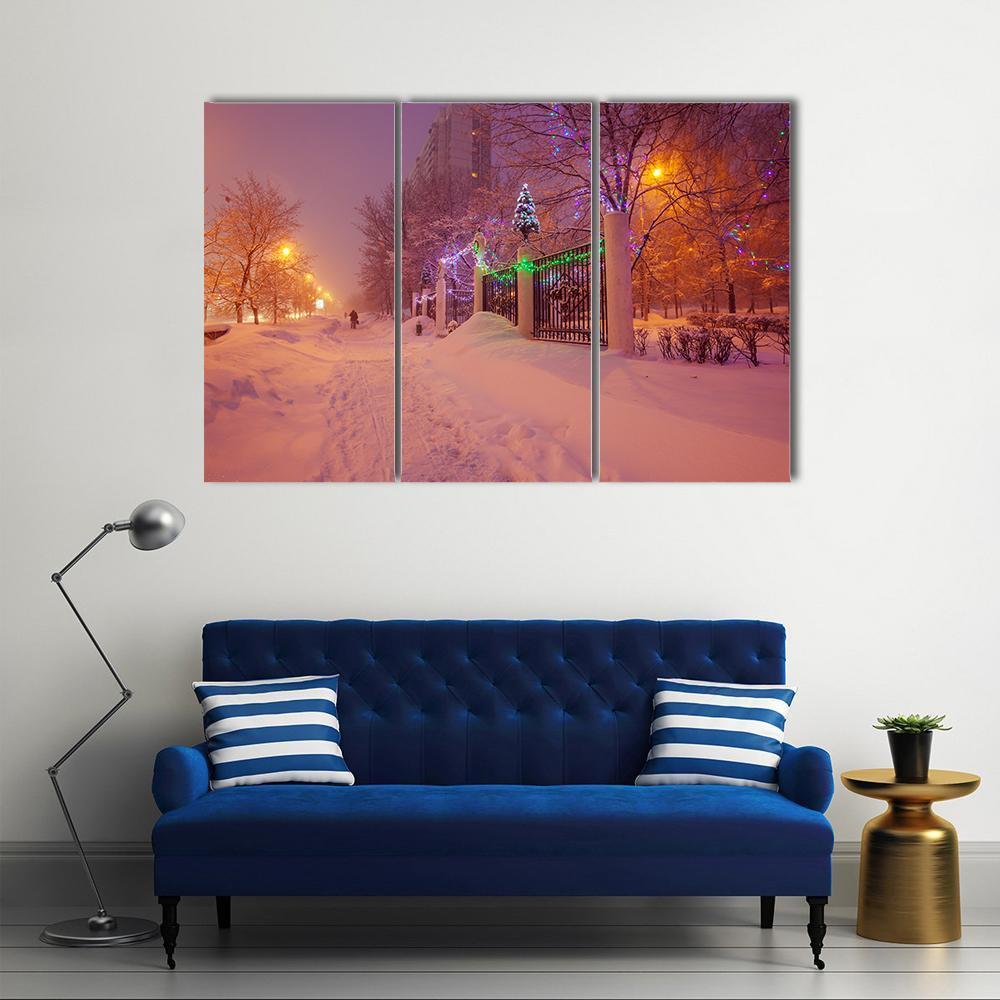 Illuminated Night In Winter Canvas Wall Art-3 Horizontal-Gallery Wrap-37" x 24"-Tiaracle