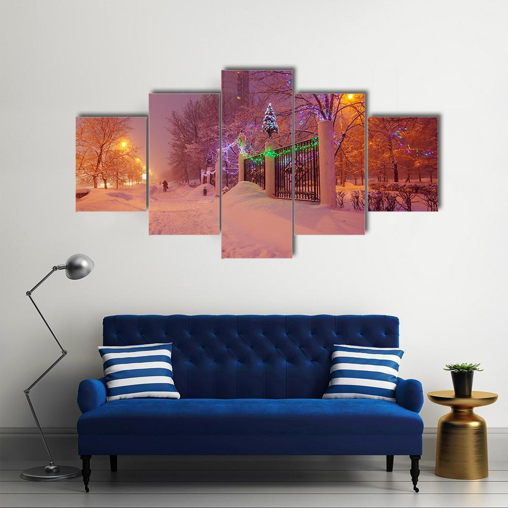 Illuminated Night In Winter Canvas Wall Art-5 Star-Gallery Wrap-62" x 32"-Tiaracle